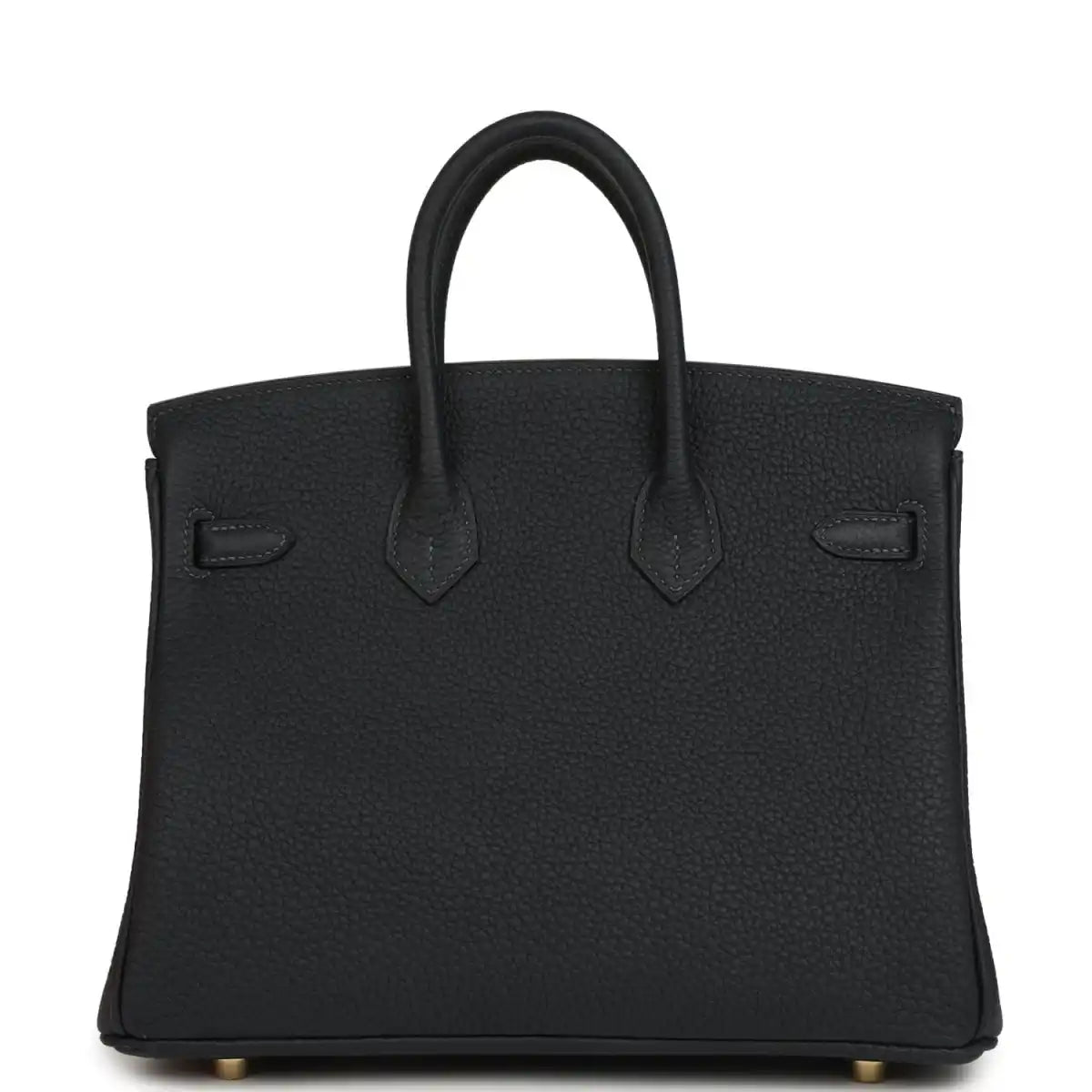 Black leather Birkin-style handbag back view with subtle seams and gold feet
