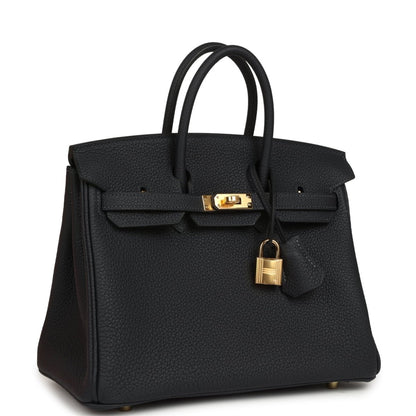 Black leather Birkin-style handbag 25 with gold lock, top handles, and hanging key charm