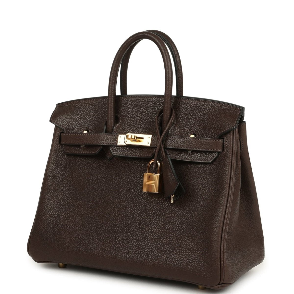 Brown leather handbag with top handles, front flap, gold-tone lock