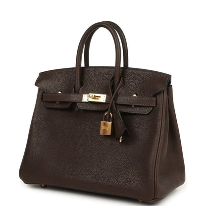 Brown leather handbag with top handles, front flap, gold-tone lock