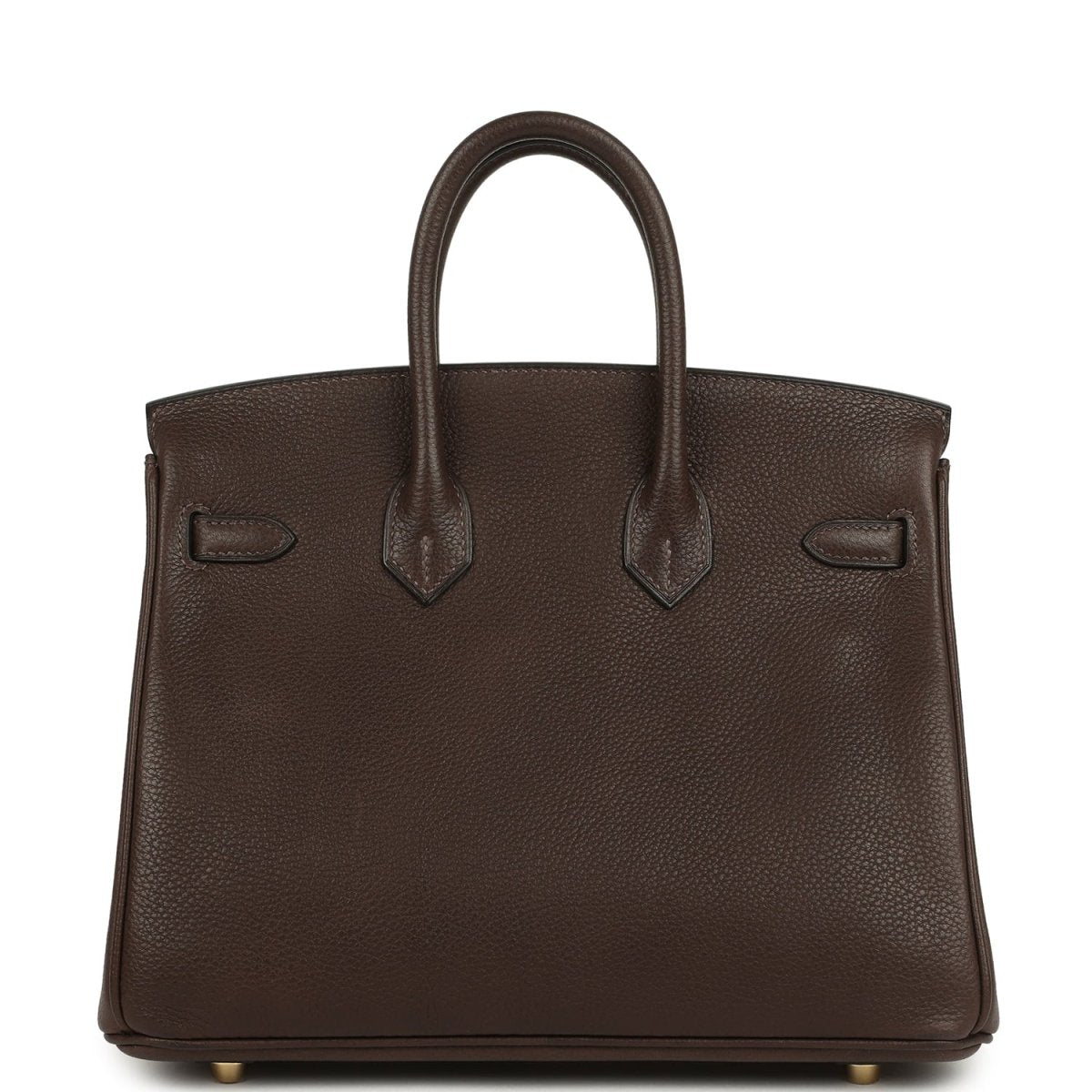 Brown leather tote with top handles, front flap and gold-tone details