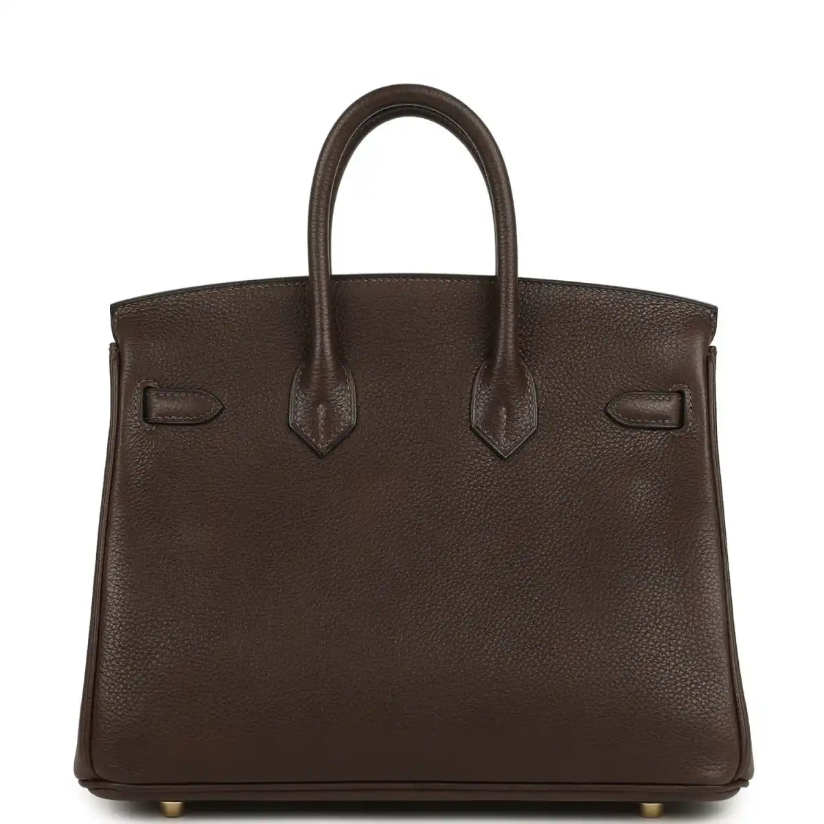 Brown leather tote with top handles, front flap and gold-tone details