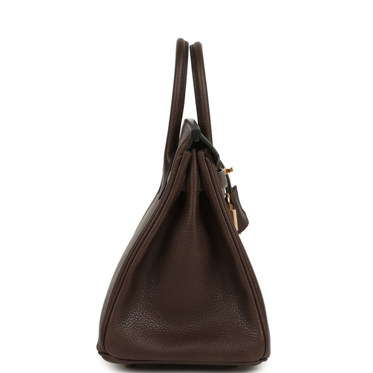 Brown leather handbag with two top handles, gold-tone hardware