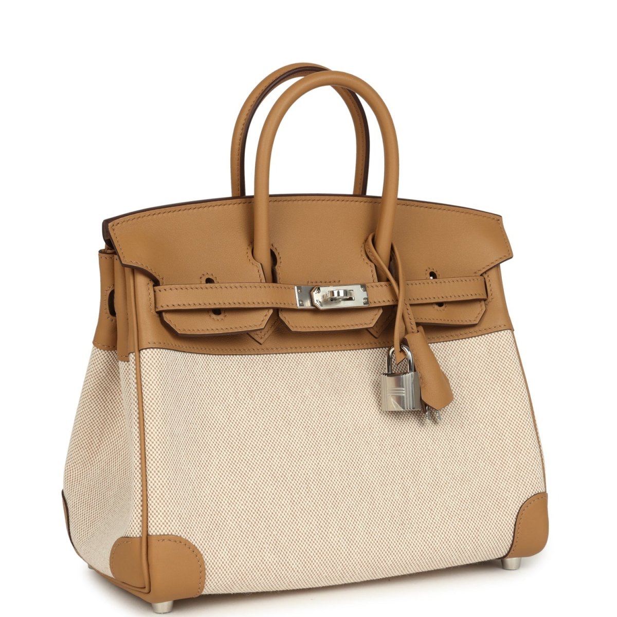Birkin 25 handbag in ecru canvas with biscuit leather front flap and turn-lock