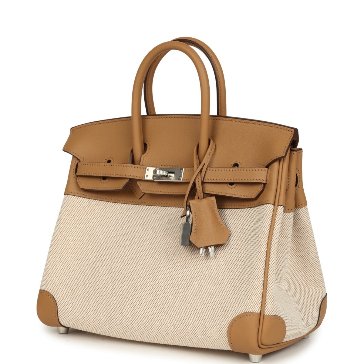 Birkin 25 handbag in ecru canvas with biscuit leather front flap and dangling lock charm