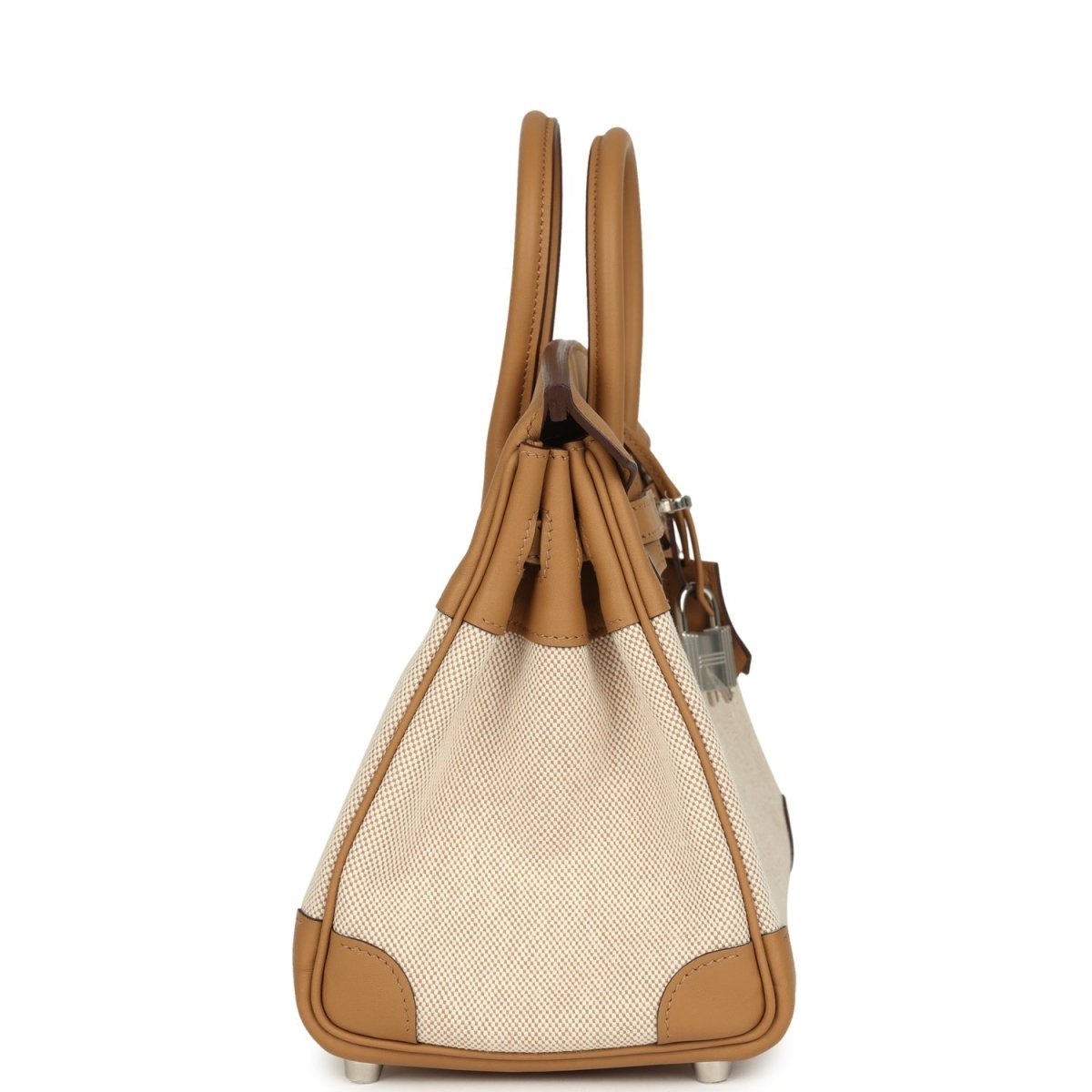 Birkin 25 handbag, ecru canvas body with biscuit leather handles and tassel lock