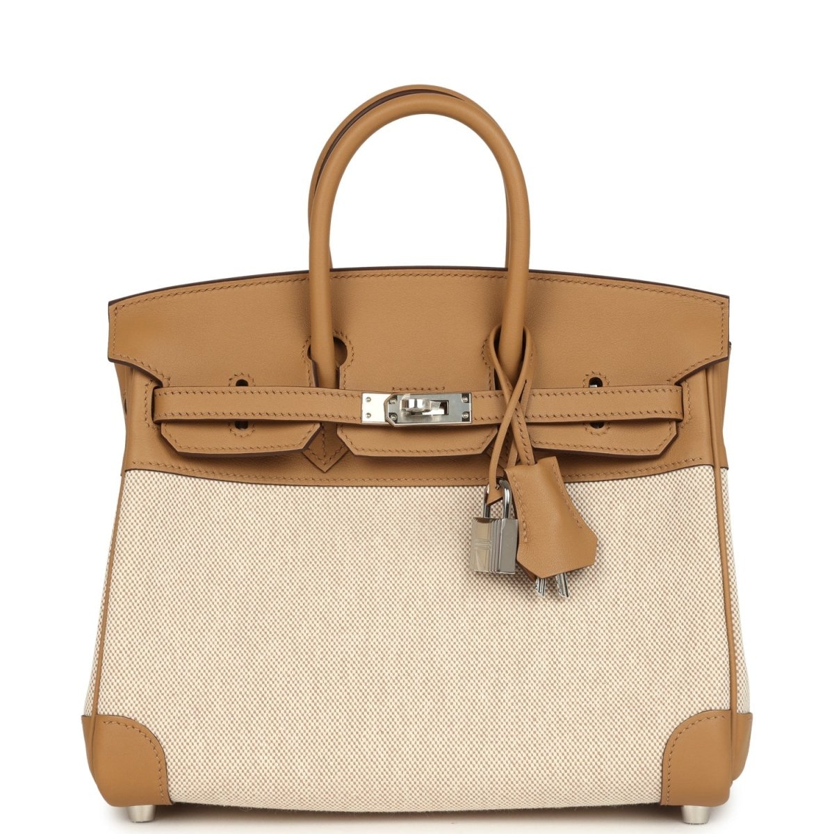 Hermes Birkin 25 handbag in ecru canvas with biscuit leather top handle and front strap
