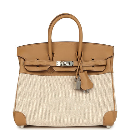 Hermes Birkin 25 handbag in ecru canvas with biscuit leather top handle and front strap