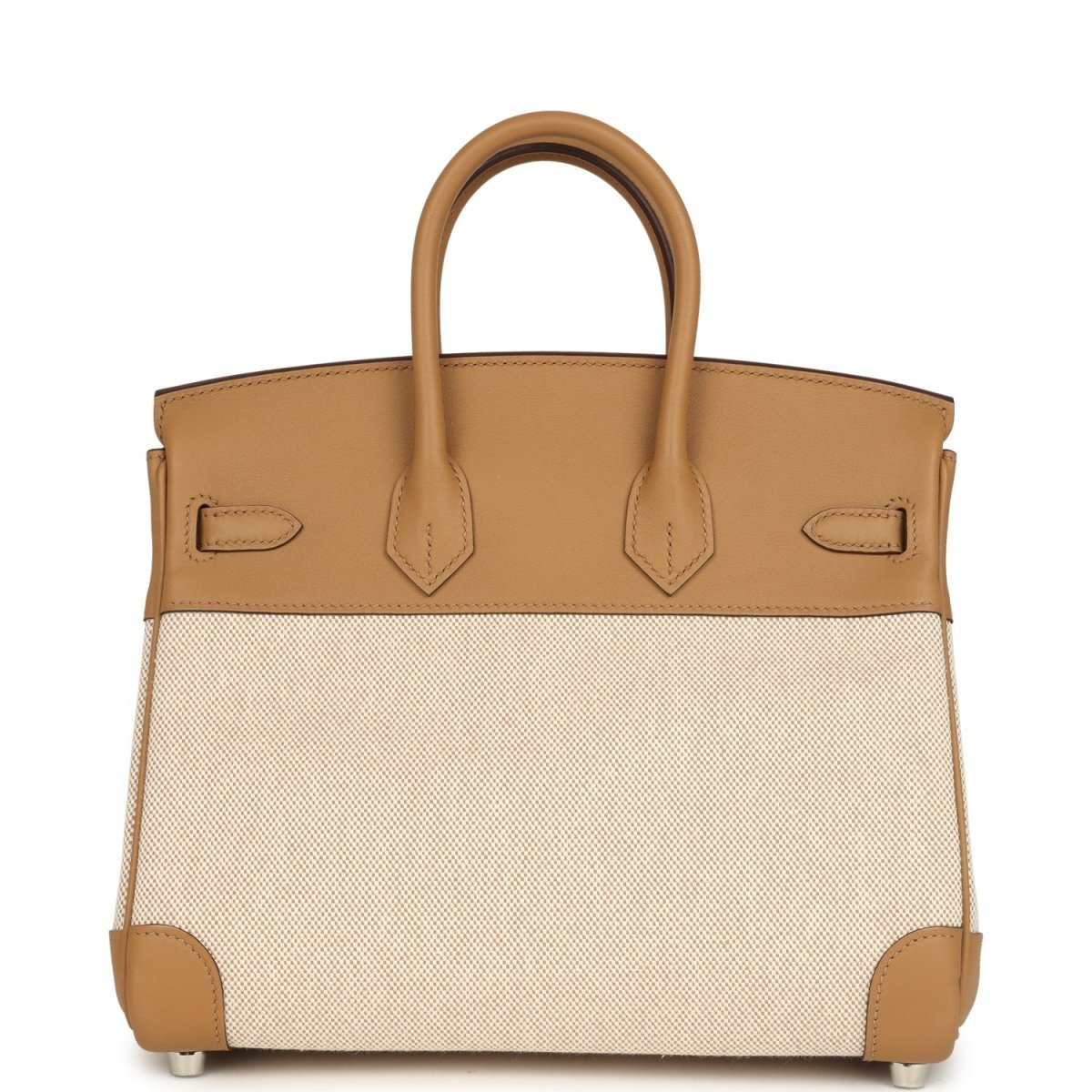 Birkin 25 handbag in ecru canvas with biscuit leather back panels and feet