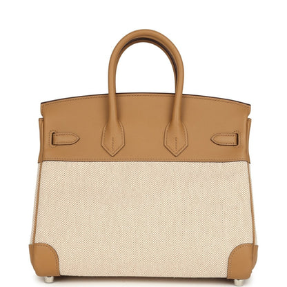 Birkin 25 handbag in ecru canvas with biscuit leather back panels and feet