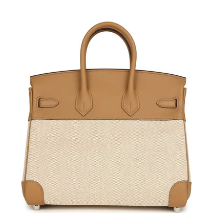 Birkin 25 handbag in ecru canvas with biscuit leather back panels and feet
