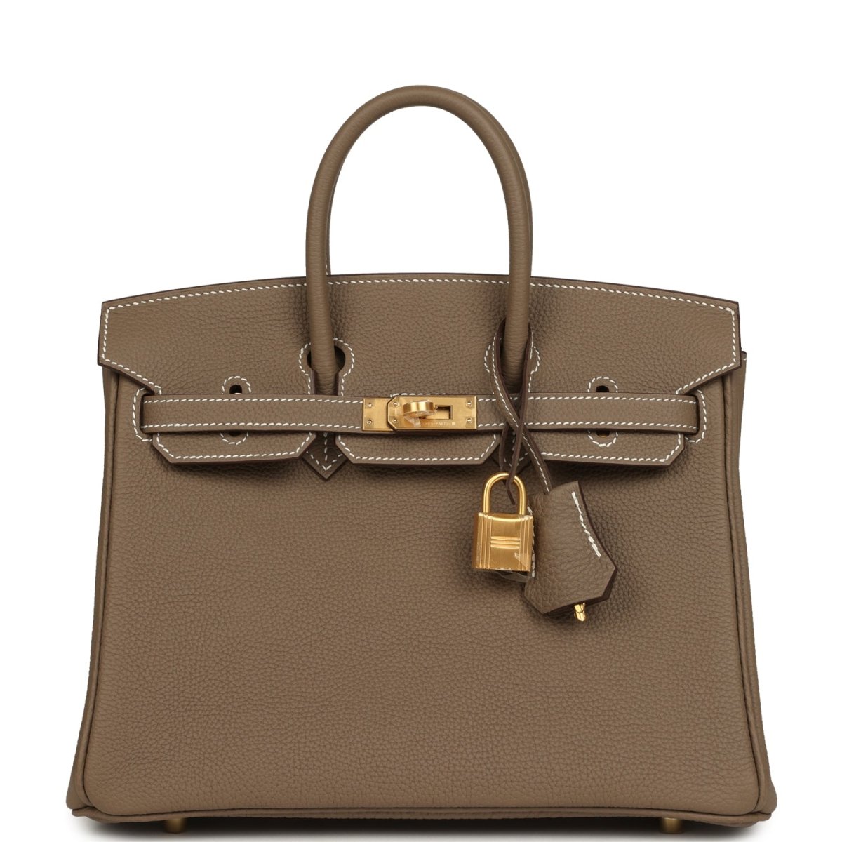 Hermes Birkin 25 handbag, etoupe textured leather with gold-tone front clasp