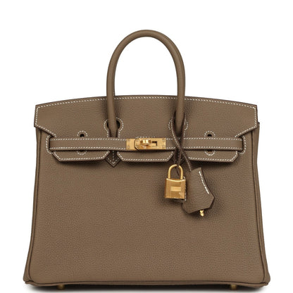 Hermes Birkin 25 handbag, etoupe textured leather with gold-tone front clasp