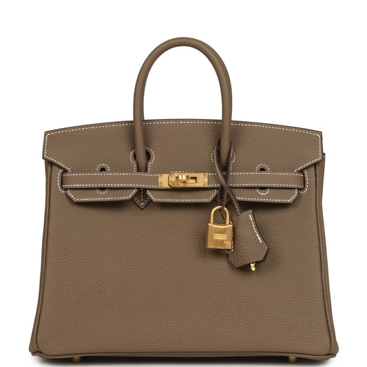 Hermes Birkin 25 handbag, etoupe textured leather with gold-tone front clasp