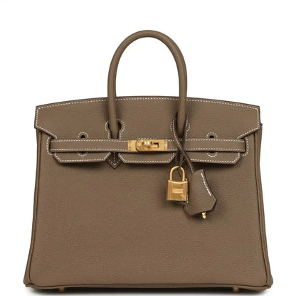 Hermes Birkin 25 handbag, etoupe textured leather with gold-tone front clasp