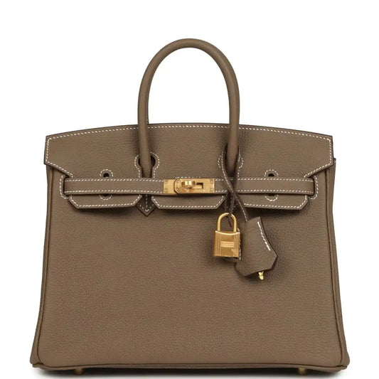 Hermes Birkin 25 handbag, etoupe textured leather with gold-tone front clasp