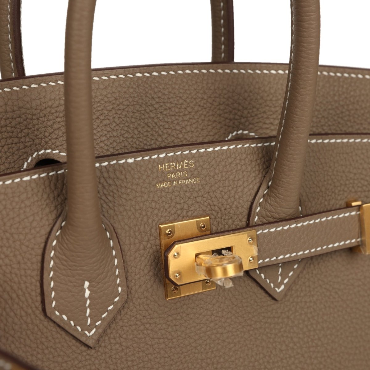 Hermes Birkin 25 handbag clasp plate and white contrast stitching