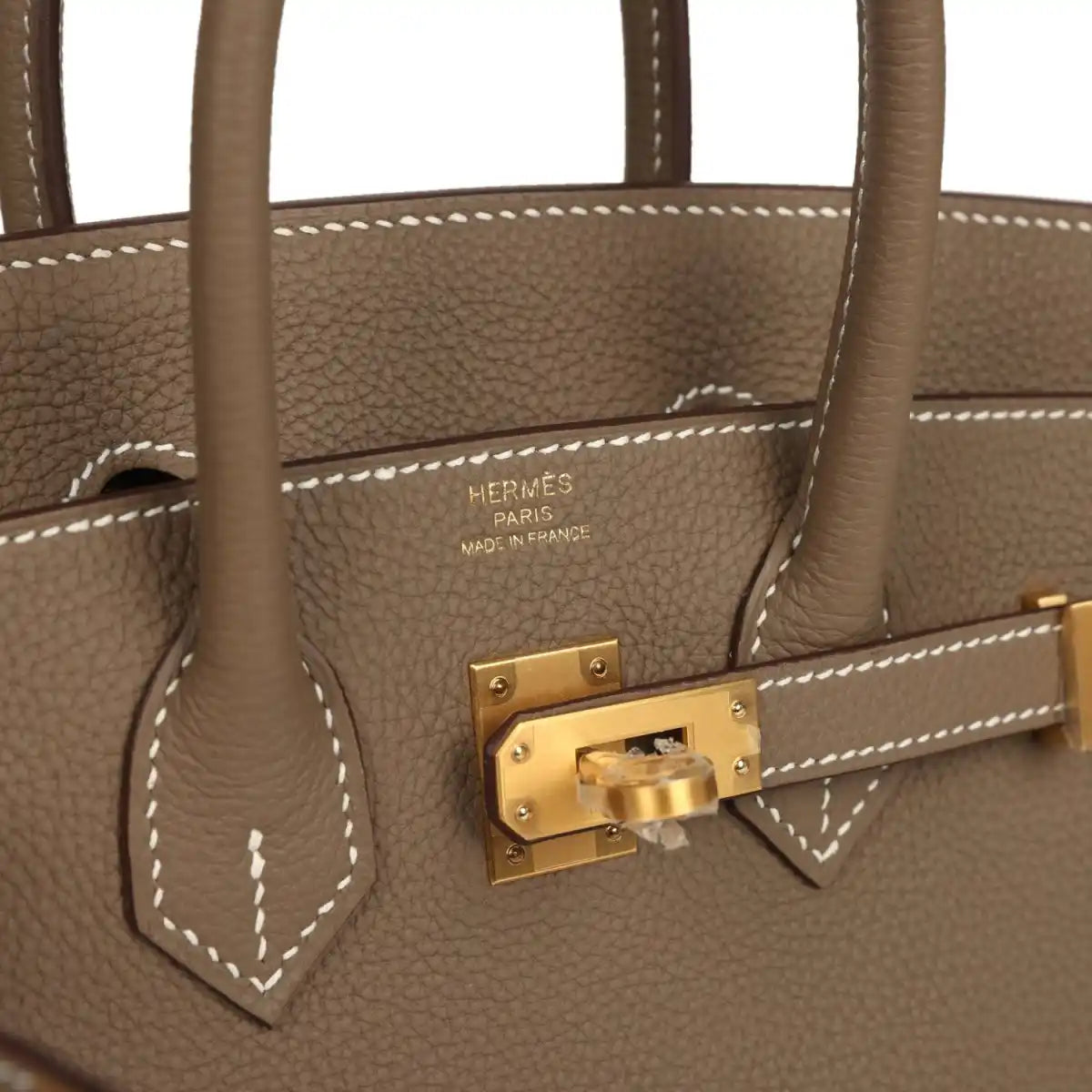 Hermes Birkin 25 handbag clasp plate and white contrast stitching