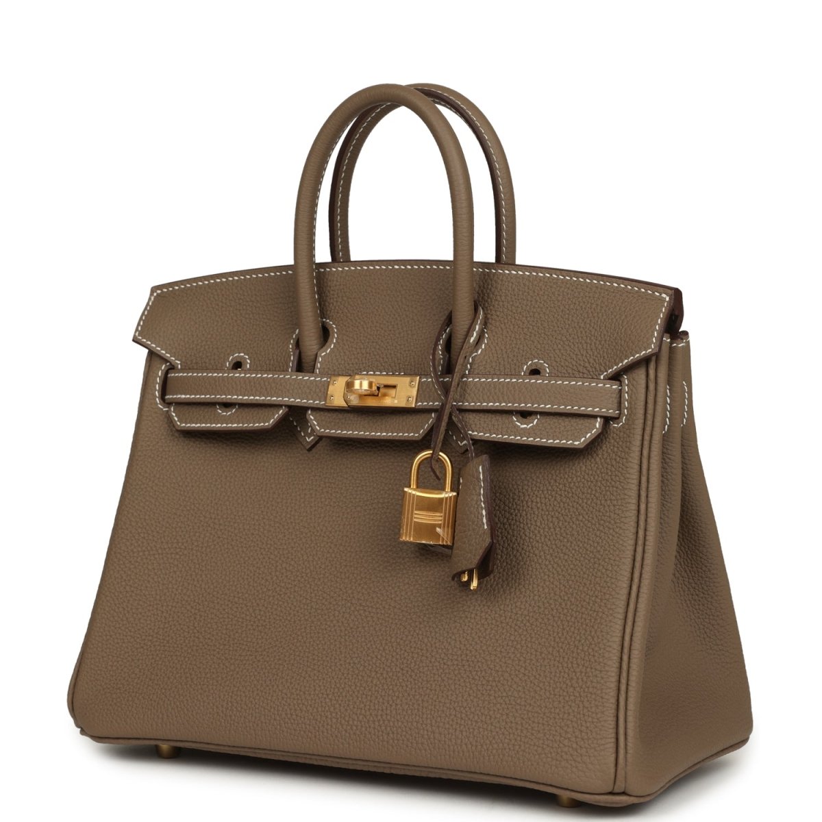 Hermes Birkin 25 handbag, etoupe textured leather with gold-tone front hardware