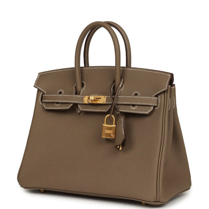 Hermes Birkin 25 handbag, etoupe textured leather with gold-tone front hardware