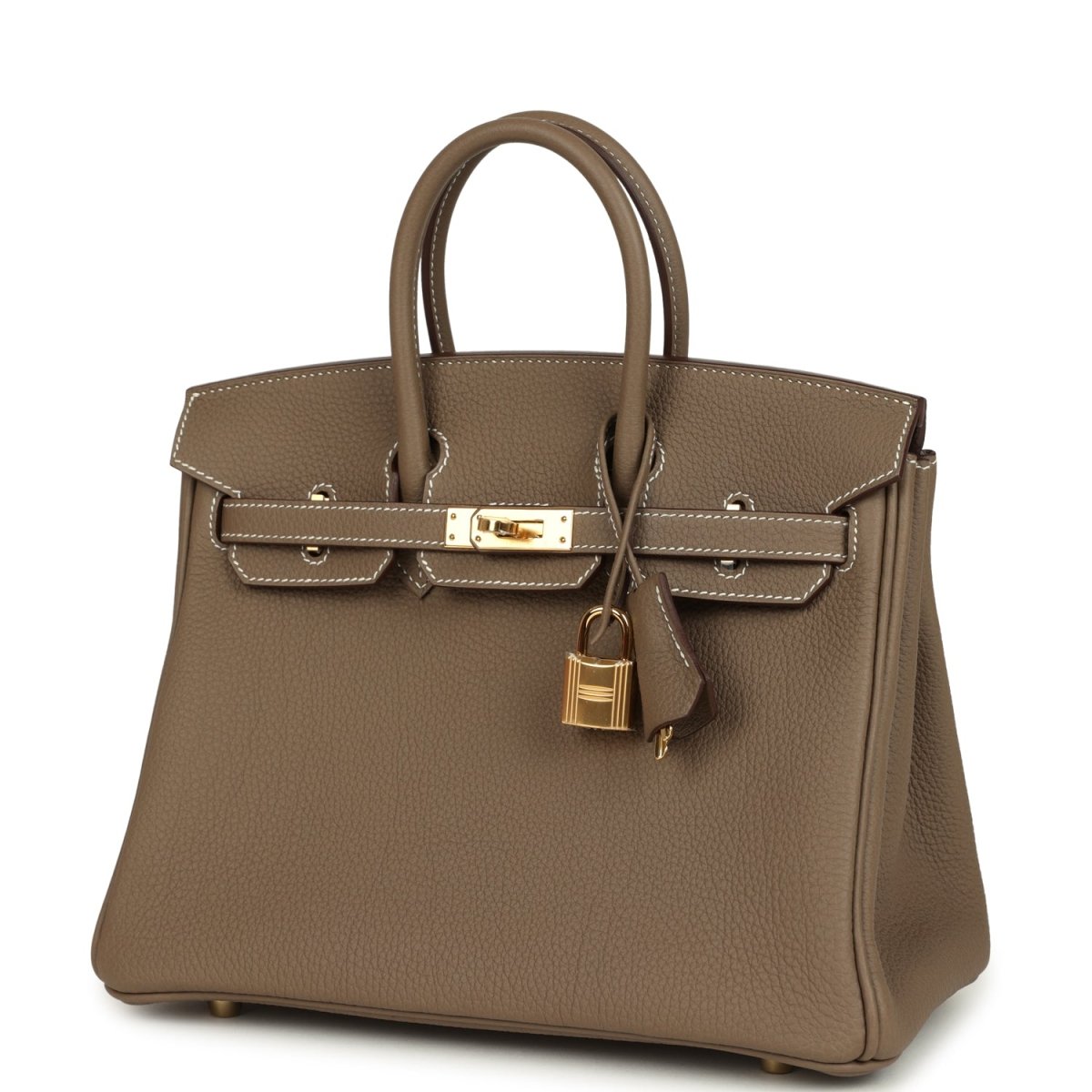 Hermès Birkin 25 handbag 3/4 view with front pocket panels and gold center clasp