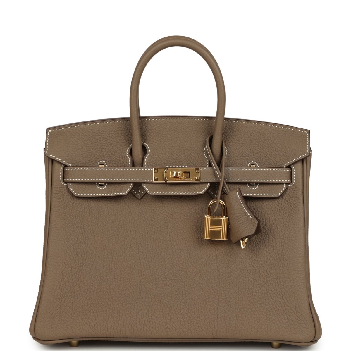 Hermès Birkin 25 handbag front view: gold belt clasp, top handles, hanging lock charm