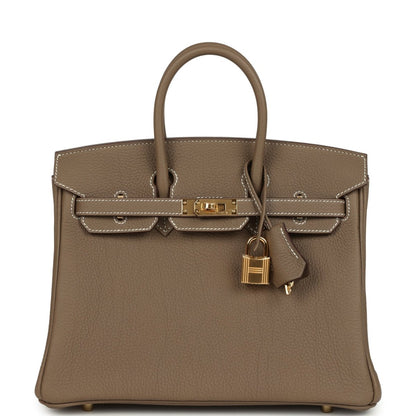 Hermès Birkin 25 handbag front view: gold belt clasp, top handles, hanging lock charm