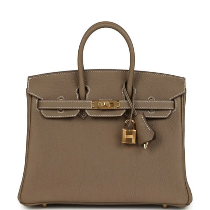 Hermès Birkin 25 handbag front view: gold belt clasp, top handles, hanging lock charm