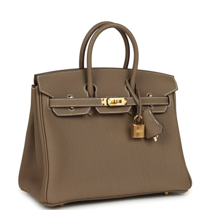 Hermès Birkin 25 handbag side view: top handles, gold clasp hardware, leather tassel