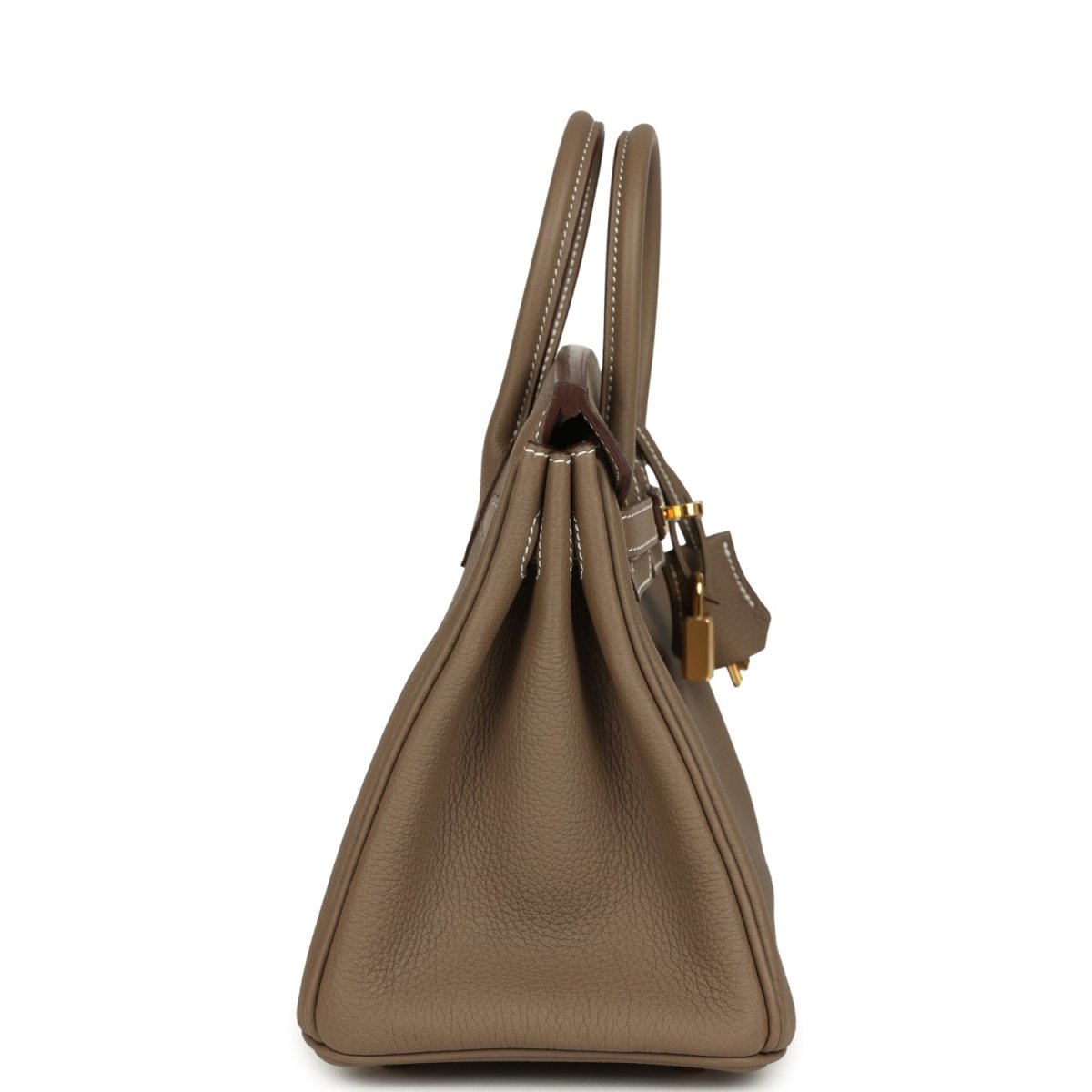 Hermès Birkin 25 handbag side profile with top handles and gold hardware accents