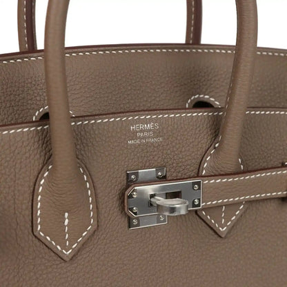 Hermes Birkin 25 handbag close-up of taupe leather, front clasp, and stitched handle trim