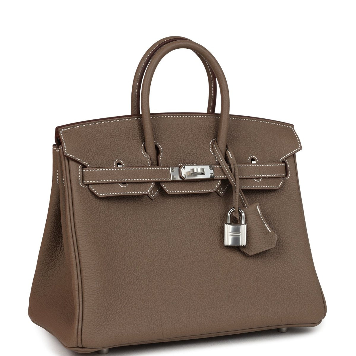 Hermes Birkin 25 handbag in taupe textured leather with silver-tone front lock and handles