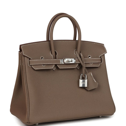 Hermes Birkin 25 handbag in taupe textured leather with silver-tone front lock and handles