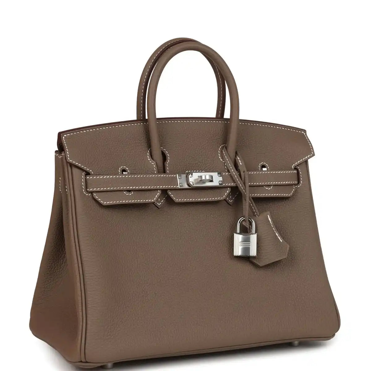 Hermes Birkin 25 handbag in taupe textured leather with silver-tone front lock and handles
