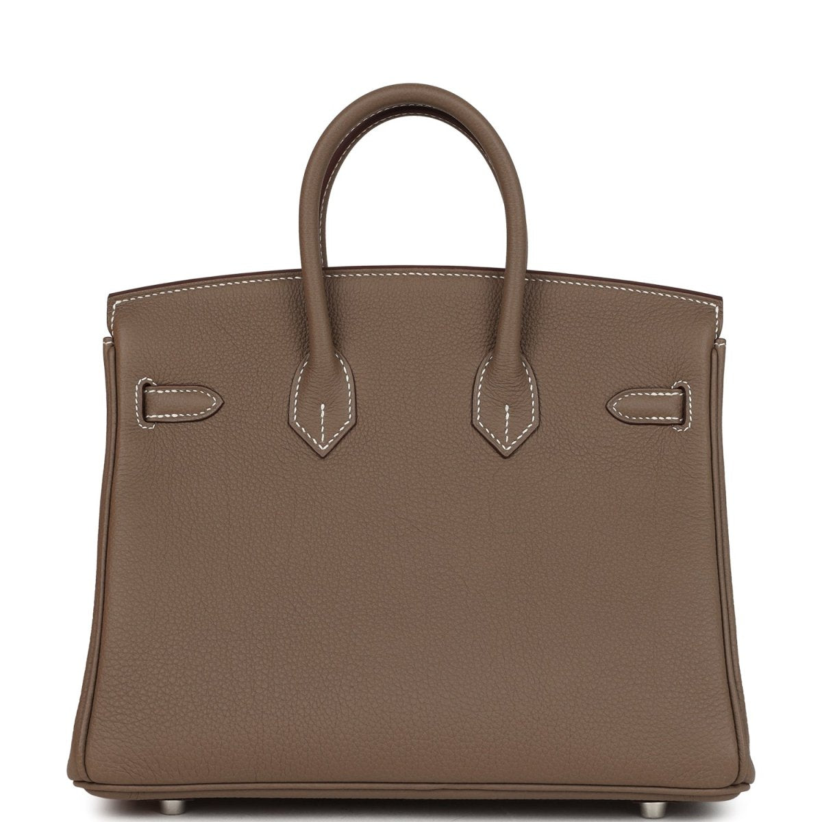 Hermes Birkin 25 handbag front view in taupe textured leather with signature strap details