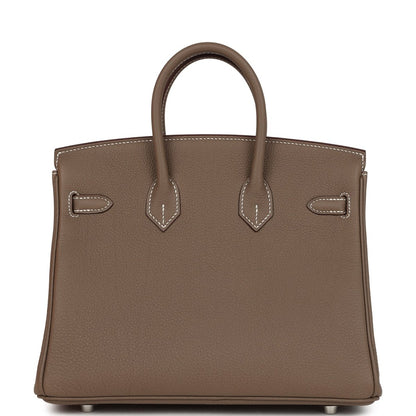Hermes Birkin 25 handbag front view in taupe textured leather with signature strap details
