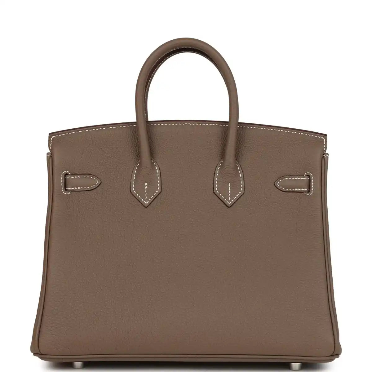 Hermes Birkin 25 handbag front view in taupe textured leather with signature strap details