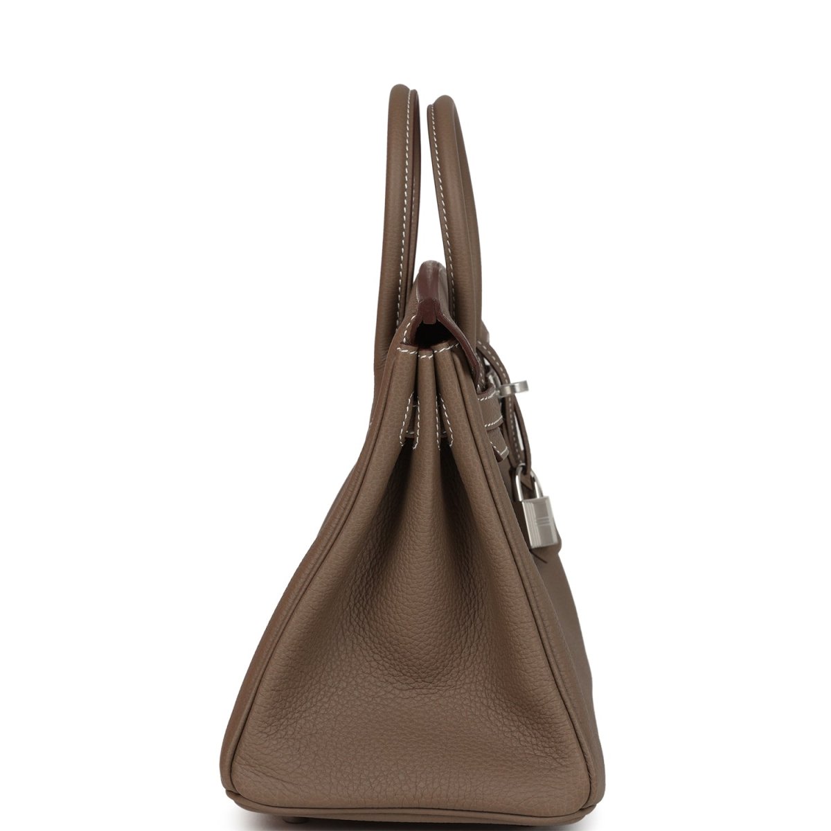 Hermes Birkin 25 handbag with textured taupe leather, top handles, and silver-tone hardware