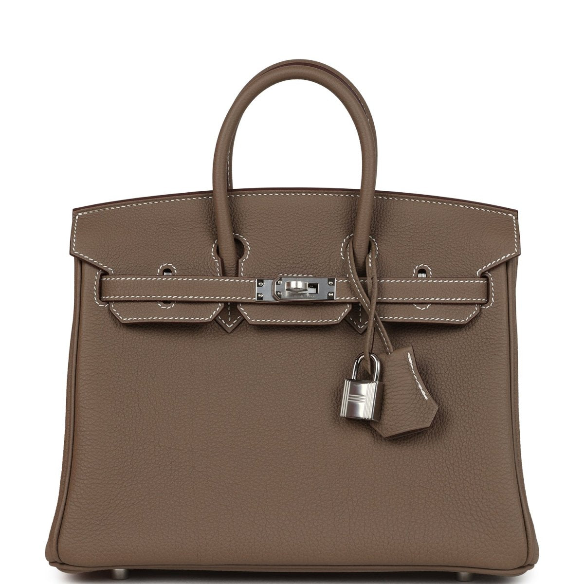 Hermes Birkin 25 handbag taupe textured leather with silver-tone front lock and key charm