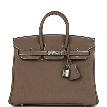 Hermes Birkin 25 handbag taupe textured leather with silver-tone front lock and key charm