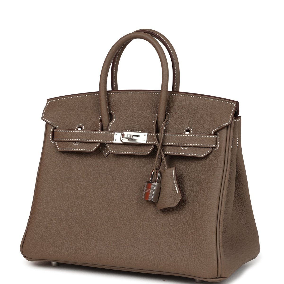 Hermes Birkin 25 handbag taupe textured leather with silver-tone lock and hanging key charm