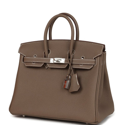 Hermes Birkin 25 handbag taupe textured leather with silver-tone lock and hanging key charm