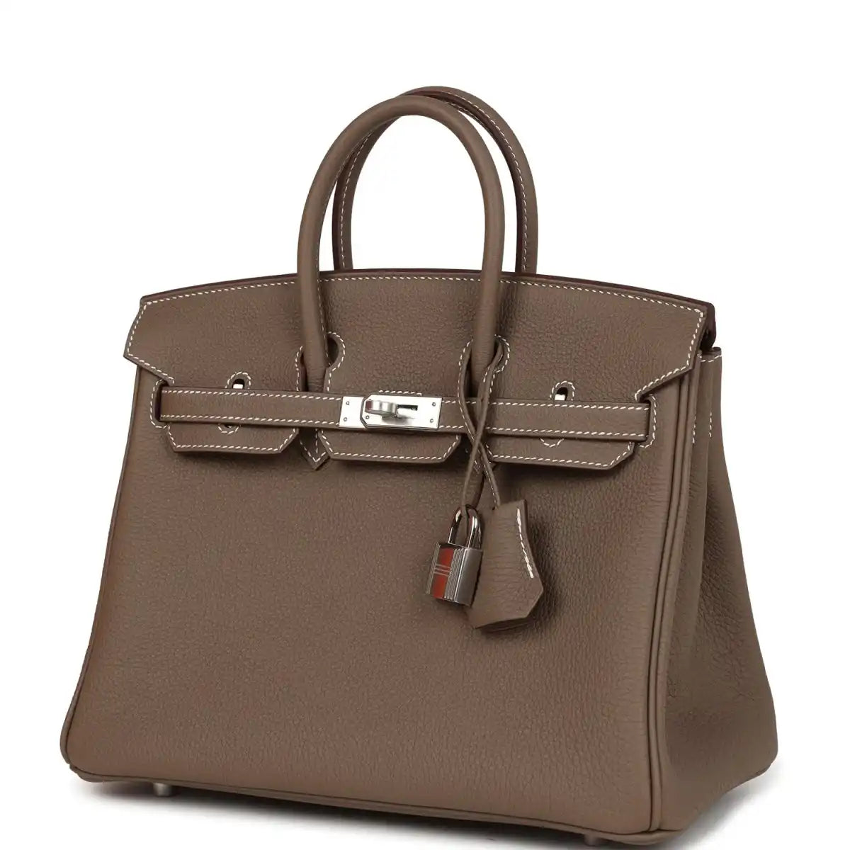 Hermes Birkin 25 handbag taupe textured leather with silver-tone lock and hanging key charm