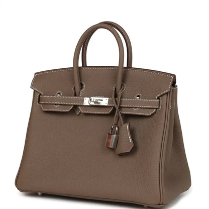 Hermes Birkin 25 handbag taupe textured leather with silver-tone lock and hanging key charm