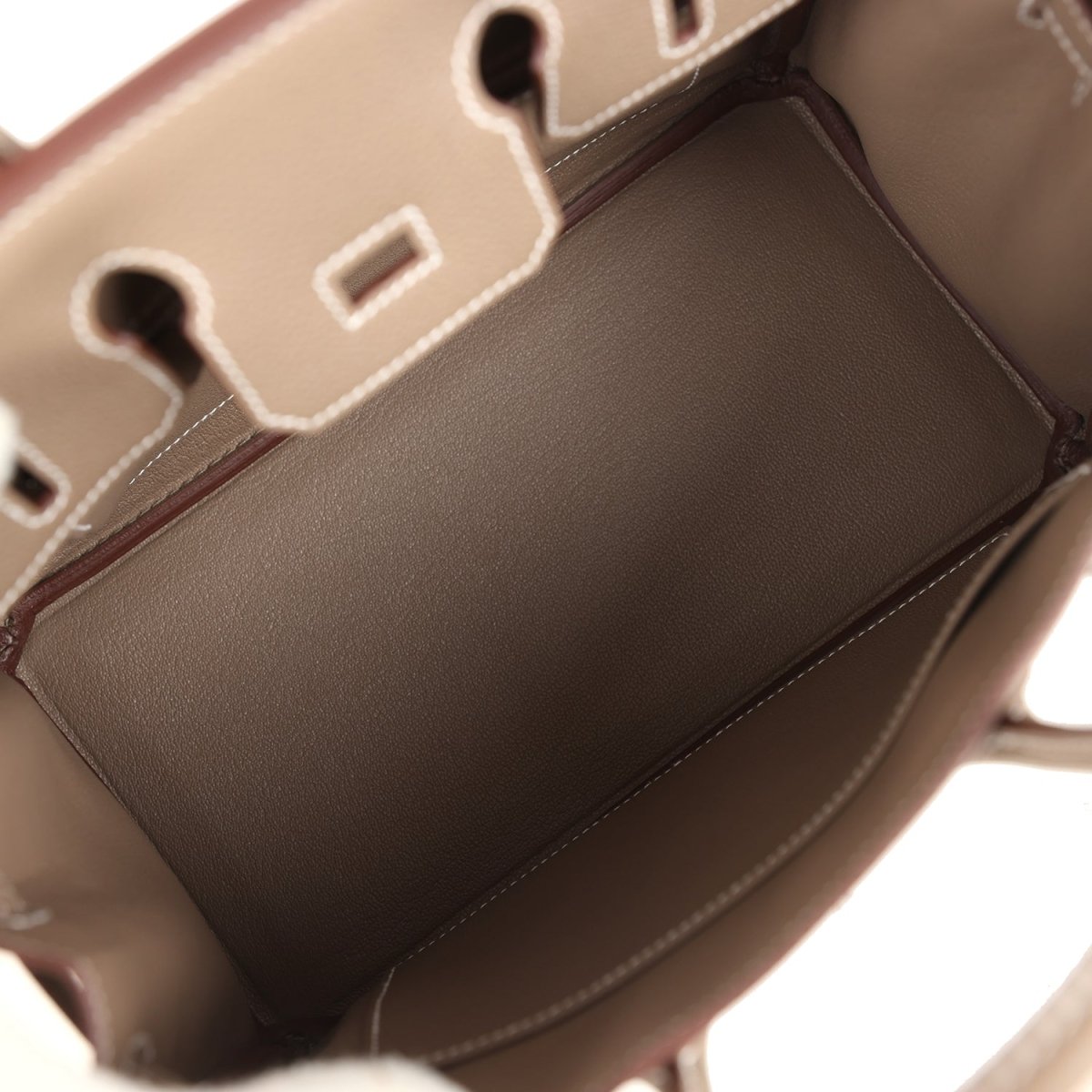 Hermes Birkin 25 handbag interior view with taupe leather lining and stitched edges
