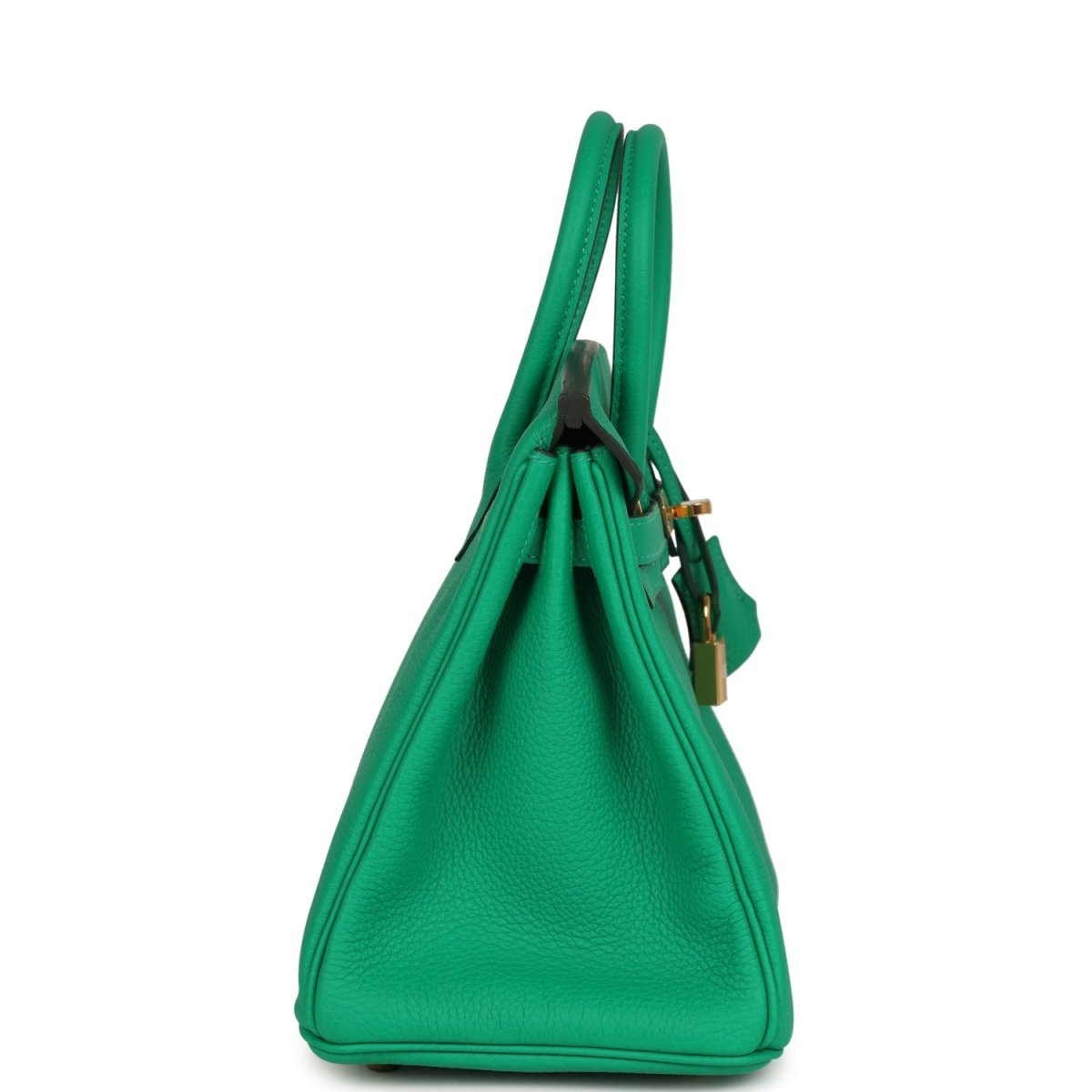 Menthe green Birkin 25 handbag side view with two strap handles and gold hardware