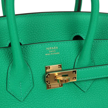 Birkin 25 handbag front lock with gold-tone hardware and Hermes stamp on menthe leather