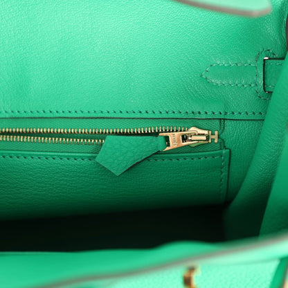 Menthe green Birkin 25 handbag side zipper with gold-tone pull and leather tab