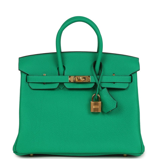 Menthe green Togo leather Birkin 25 handbag with gold-tone lock and top handles