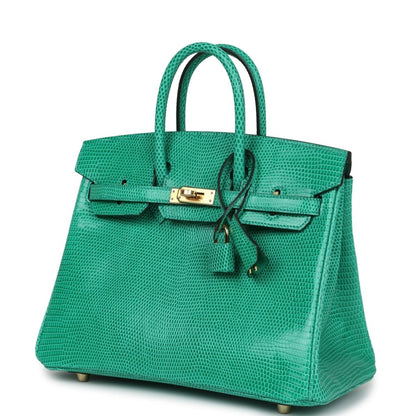 Mint green lizard handbag with gold-tone lock, front flap, and hanging tie